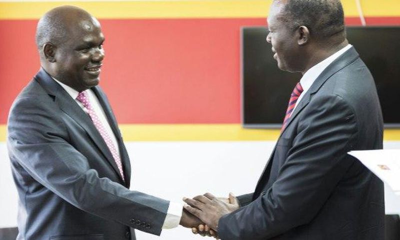 Jubilee Party secretariat head Raphael Tuju and IEBC Chair Wafula Chebukati during a meeting with IEBC commissioners at Jubilee House, Pangani, February 17, 2017.
