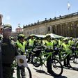 Colombian President Juan Manuel Santos (L) inspects new equipment for the National Police in Bogota, Colombia, on February 7, 2017