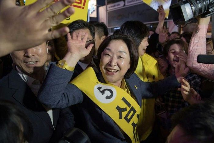 South Korean politician Sim Sang-Jeung, the only female candidate to succeed disgraced former president Park Geun-Hye, attends a campaign rally in Seoul