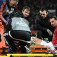 Manchester United's striker Zlatan Ibrahimovic gets treatment after injuring his knee on April 20, 2017