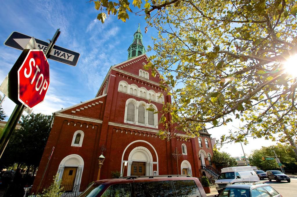Church in Brooklyn, stop sign and one way sign