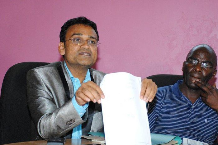 Taj Mall owner Ramesh Gorasia and Jeff Ambundo, a tenant, address the press on October 8, 2015.