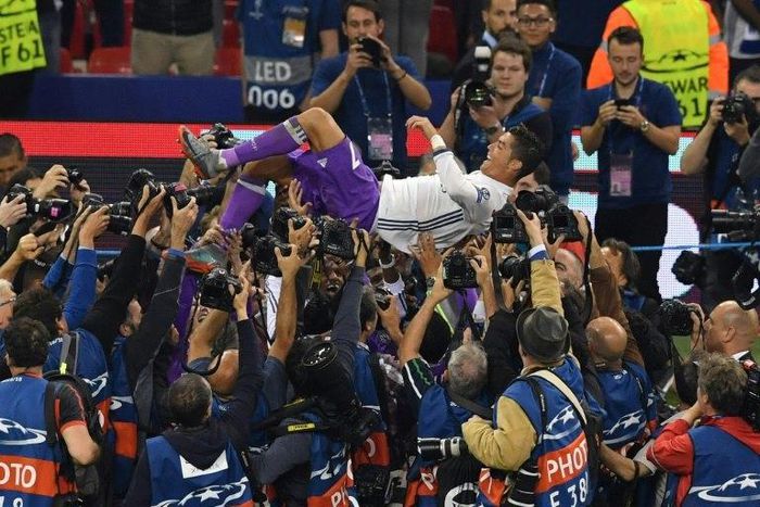 Real Madrid's striker Cristiano Ronaldo celebrates after winning the UEFA Champions League final on June 3, 2017