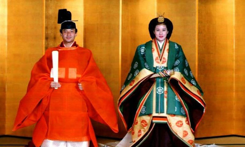 Japanese Crown Prince Naruhito and his bride Masako Owada in full traditional Imperial wedding costume in 1993