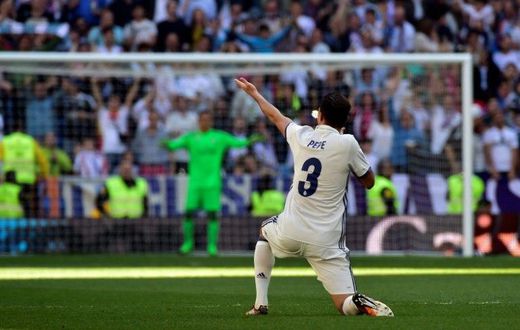 Real Madrid's Pepe celebrates a goal during their matcha gainst Atletico de Madrid at the Santiago Bernabeu stadium in Madrid on April, 8, 2017