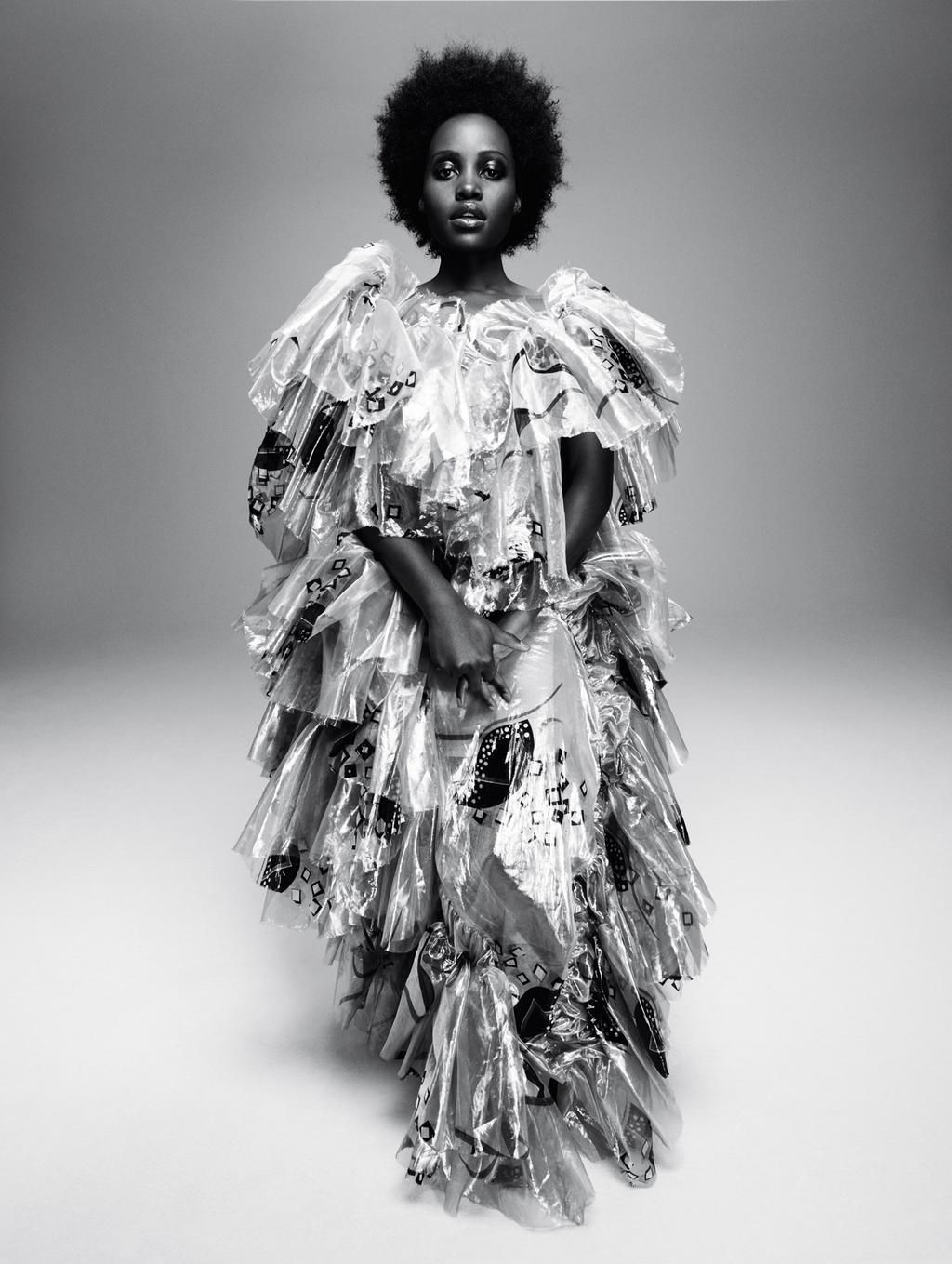 Lupita in a printed and glazed silk ruffle gown by Andreas Kronthaler for Vivienne Westwood