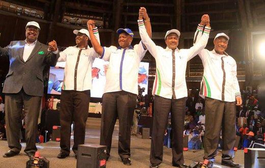 Nasa principals (from left: Musalia Mudavadi, Raila Odinga, Isaac Ruto, Kalonzo Musyoka, and Moses Wetang'ula) display their solidarity at Bomas of Kenya on April 20, 2017.