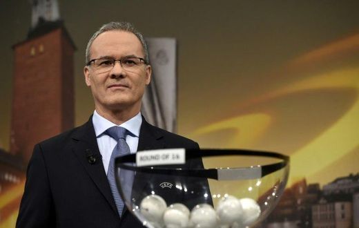 UEFA deputy secretary general Giorgio Marchetti waits to hold the draw for the round of 16 of the UEFA Europa League football tournament in Nyon on February 24, 2017