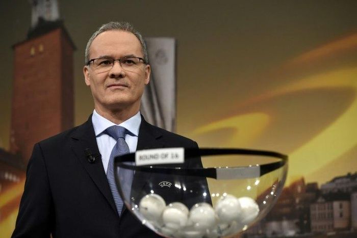 UEFA deputy secretary general Giorgio Marchetti waits to hold the draw for the round of 16 of the UEFA Europa League football tournament in Nyon on February 24, 2017