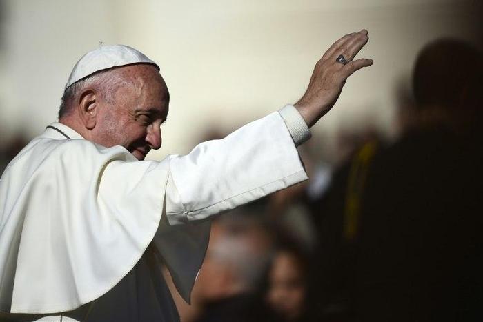 Pope Francis greets the crowd during his weekly general audience at Saint Peter's Square on November 9, 2016 at the Vatican