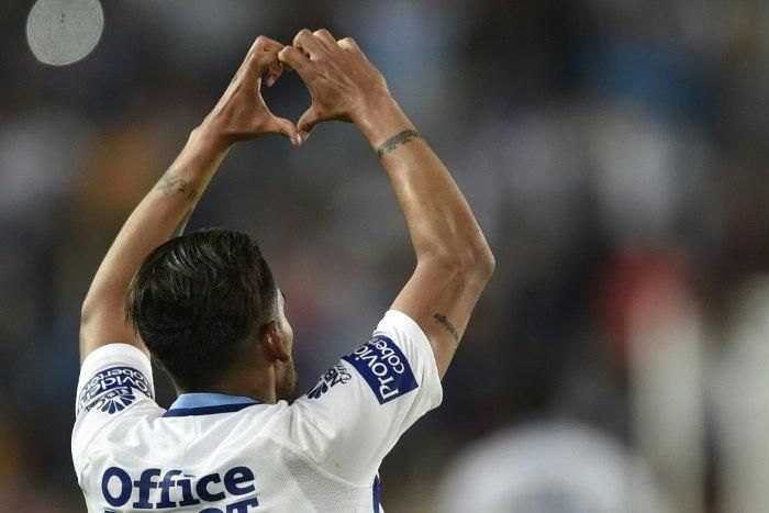 Pachuca's Franco Jara celebrates after scoring a goal against Tigres during their CONCACAF Champions League final match, at the Hidalgo stadium in Pachuca, Mexico, on April 26, 2017