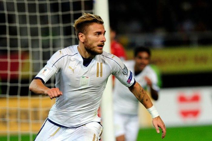 Ciro Immobile celebrates after scoring for Italy in a World Cup qualifier against Macedonia on October 9, 2016 in Skopje