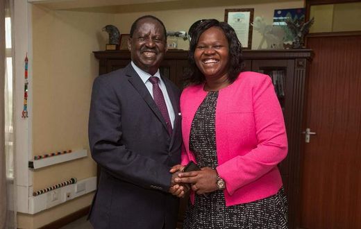 Former Prime Minister Raila Odinga with Homa Bay Woman Rep Gladys Wanga (Twitter)