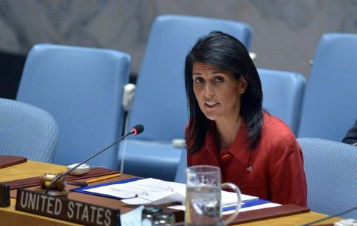US Ambassador to the UN and UN security council president, Nikki Haley speaks during an United Nations Security Council meeting on Syria at the UN headquarters in New York on April 7, 2017