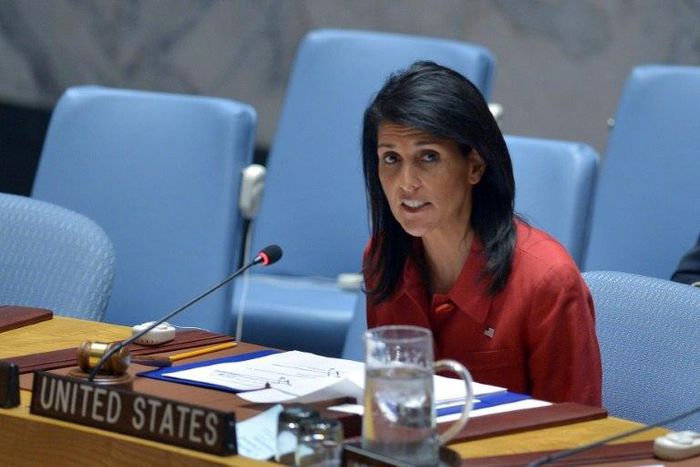 US Ambassador to the UN and UN security council president, Nikki Haley speaks during an United Nations Security Council meeting on Syria at the UN headquarters in New York on April 7, 2017