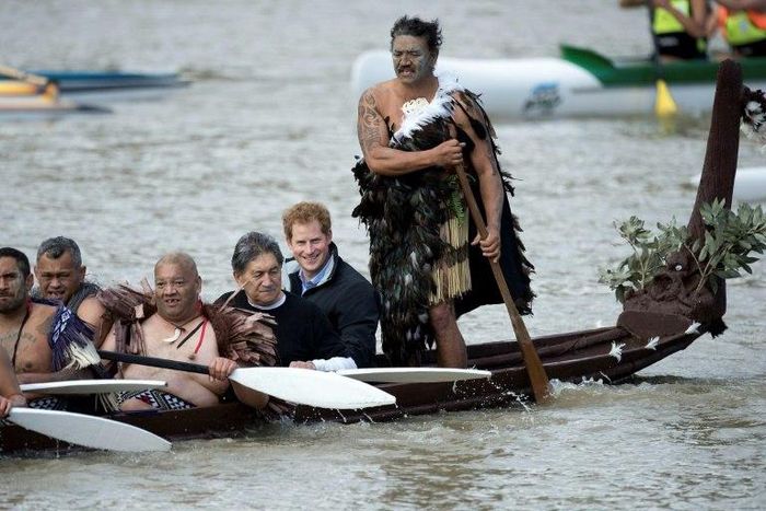 Britain's Prince Harry (2nd R) took a canoe ride along the Whanganui river, the third longest in New Zealand, on a trip to the country in May 2015