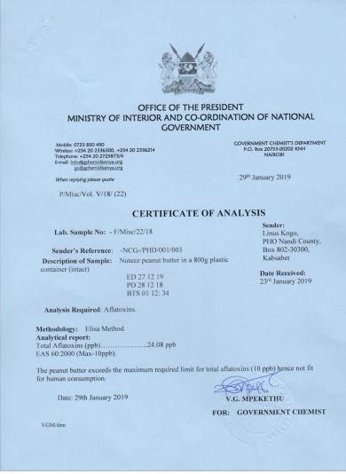 Statement by the government chemist on Nuteez peanut butter