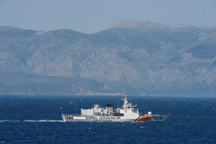 A Turkish coast guard ship patrols on the Aegean Sea, off the Turkish coast