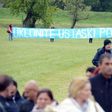 Activists hold an anti-fascist banner at a ceremony for the death camp victims of Croatia's former Nazi-allied regime