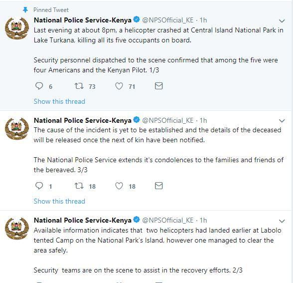 Tweets from National Police Service on the chopper crash