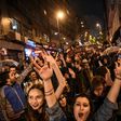 Supporters of the "No" gesture and shout in Istanbul to protest alleged poll violations