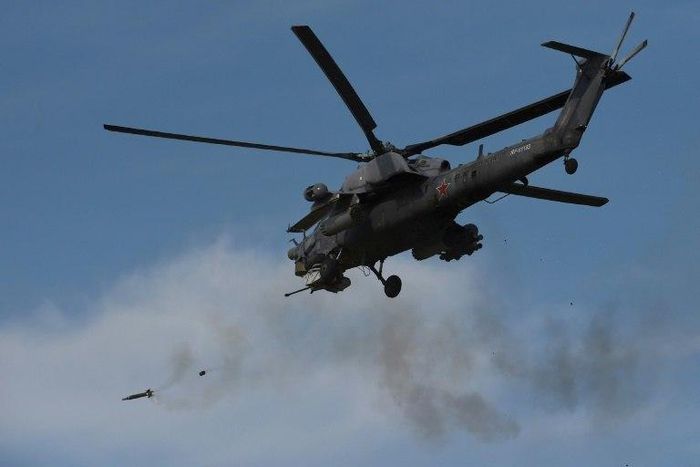 A Russian military helicopter takes part in an exercise on the Black Sea coast in Crimea