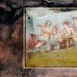 Fresco in the House of the Chaste Lovers, a rich baker's home, with garden, stables, mill and a sumptuous fresco of a tender kiss, in the ancient Roman city of Pompeii