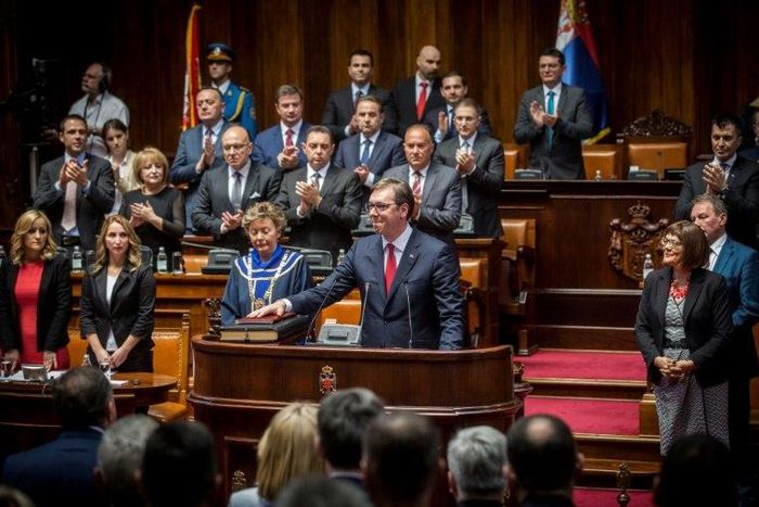 Serbia's President-elect Aleksandar Vucic takes oath of office during the inauguration ceremony in Belgrade