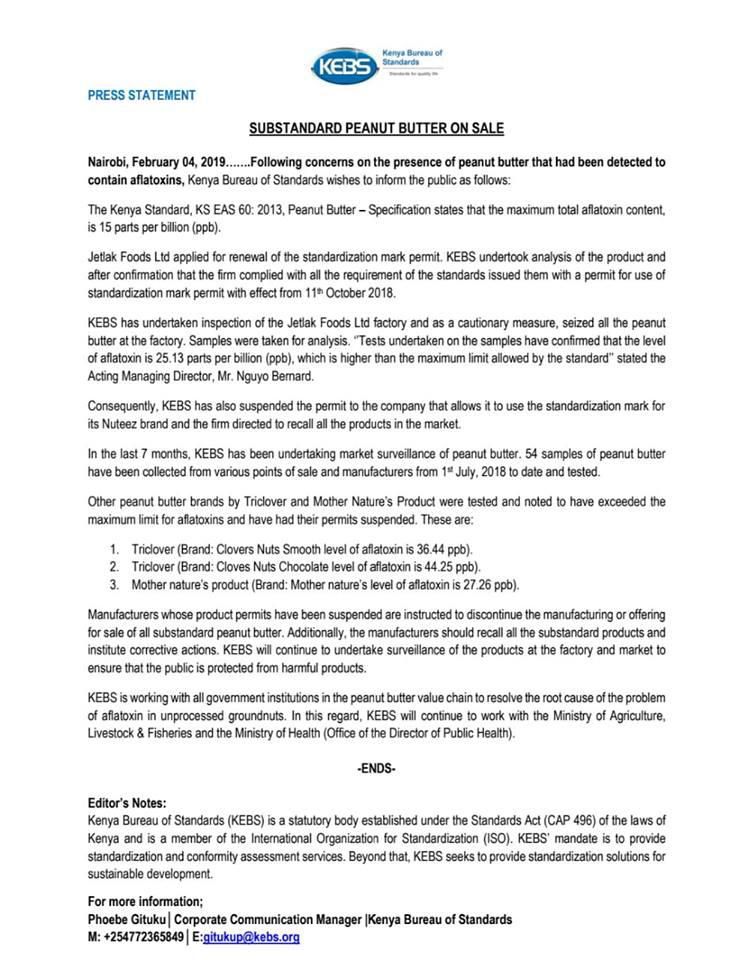 KEBS statement on peanut butter products