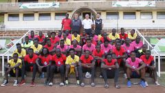 The players who went through the first phase of the camp pose with Harambee Stars Head Coach Stanley Okumbi, Development Coach Terry Boyle, Hull City legend Dean Windass, and Partnerships Executive Andrew Stead.