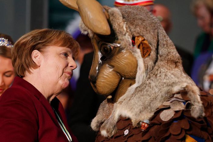 German Chancellor Angela Merkel at a reception of German carnival societies at the Chancellery in Berlin.