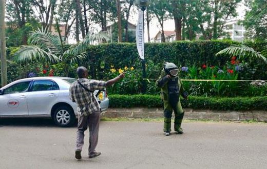 An officer from the Bomb Disposal Unit going to detonate explosives at the DusitD2 complex