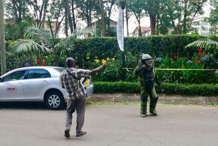 An officer from the Bomb Disposal Unit going to detonate explosives at the DusitD2 complex