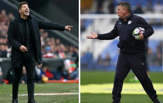 Leicester City's manager Craig Shakespeare (R) during a match against Everton at Goodison Park in Liverpool, on April 9, 2017 and Atletico Madrid's coach Diego during a match against Athletic Club Bilbao on January 22, 2017