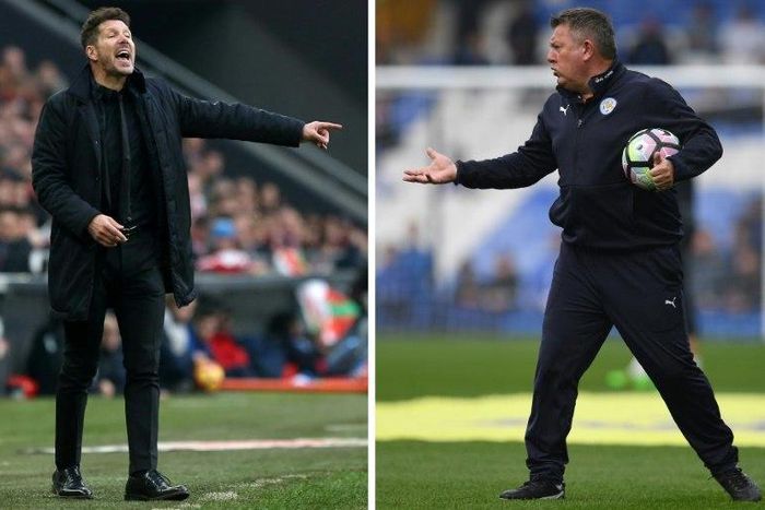 Leicester City's manager Craig Shakespeare (R) during a match against Everton at Goodison Park in Liverpool, on April 9, 2017 and Atletico Madrid's coach Diego during a match against Athletic Club Bilbao on January 22, 2017