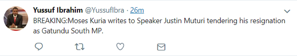 Tweet by KTN News anchor Yusuf Ibrahim on Moses Kuria's resignation (Twitter)