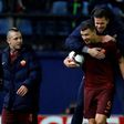 Roma's Edin Dzeko (C) celebrates at the end of their Europa League round of 32 1st leg match against Villarreal, at El Ceramica stadium in Vila-real, on February 16, 2017