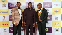 Host of the night Mwaniki Mageria, CEO of Kenya Films Classification Board Ezekiel Mutua and Kangethe Mungai of Riverwoods Ensemble at the red carpet.