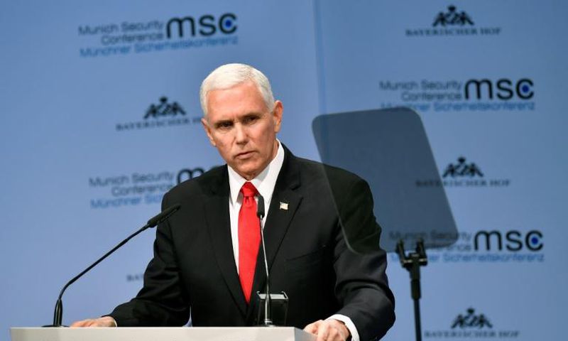 US Vice President Mike Pence told the Munich Security Conference the world should "step forward" and recognise Juan Guaido's claim to the Venezuelan presidency