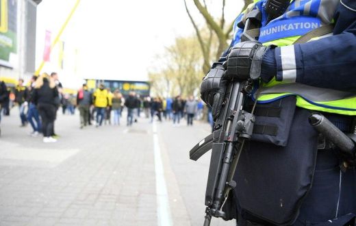 A heavy police presence on April 12, 2017, near the Westfalenstadion stadium ahead of Borussia Dortmund's quarter-final clash against Monaco