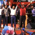 From left: Opposition leaders Musalia Mudavadi, Kalonzo Musyoka, Raila Odinga, Moses Wetang'ula and Nick Salat display a gesture of unity during the unveiling of an opposition coalition at Bomas of Kenya on January 11, 2017.