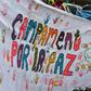 A tent sign reading "Camping for peace" during a demonstration to push for immediate implementation of a peace accord between the Colombian government and FARC guerrillas