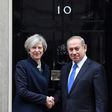 British Prime Minister Theresa May (left) shakes hands with Israeli Prime Minister Benjamin Netanyahu at 10 Downing Street in London on February 6, 2017