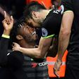 Chelsea's striker Michy Batshuayi (L) celebrates with teammates scoring against West Bromwich Albion on May 12, 2017