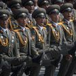 Ggoose-stepping soldiers pour into Kim Il-Sung Square, in Pyongyang on April 15, 2017