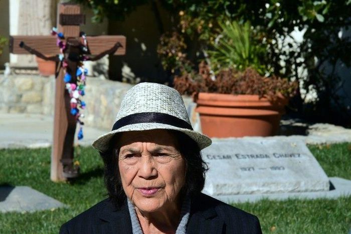American labour leader Dolores Huerta visits the graves of Cesar and Helen Chavez in Keene, California, on January 31, 2017