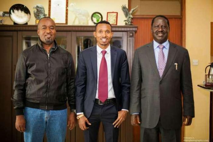 From left Governor Hassan Joho, Mohammed Ali and ODM leader Raila Odinga.