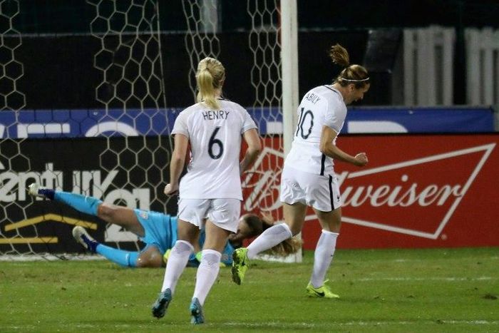 France got off to a dream start when Camille Abily (R) scored from the penalty spot after only eight minutes in a 3-0 win over the US to take the She Believes Cup