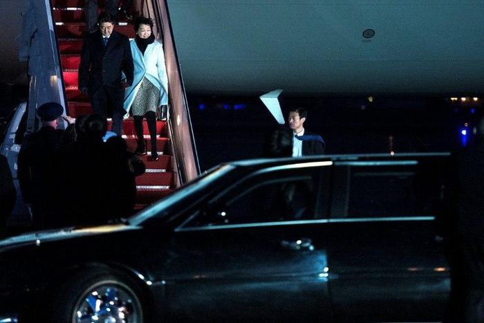 Japan's Prime Minister Shinzo Abe and his wife Akie Abe arrive at Andrews Air Force Base February in Maryland
