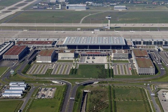 An aerial view of the unfinished BER airport which was due to open in June 2012